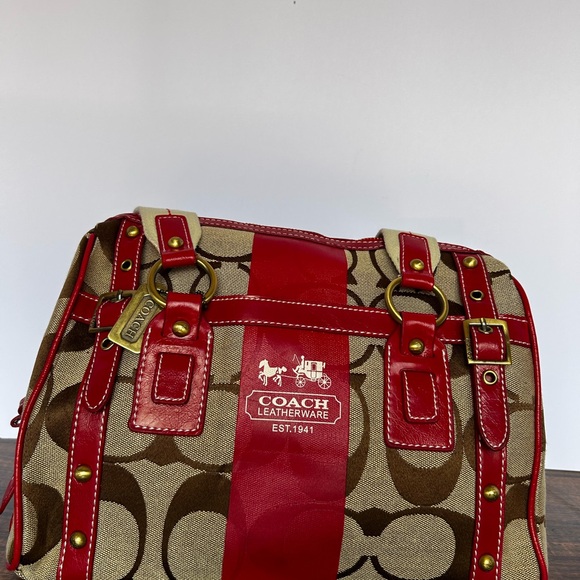 Coach Red and Brown Satchel Bag with Signature Design - Picture 1 of 10